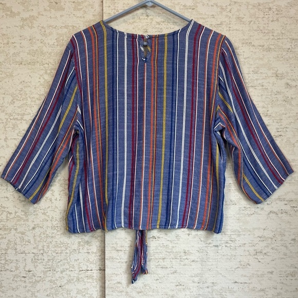 Tea Rose Vertical Stripe Blue Top Sz L Multicolor Stripes Hem Tie Boho Slimming - Picture 5 of 14